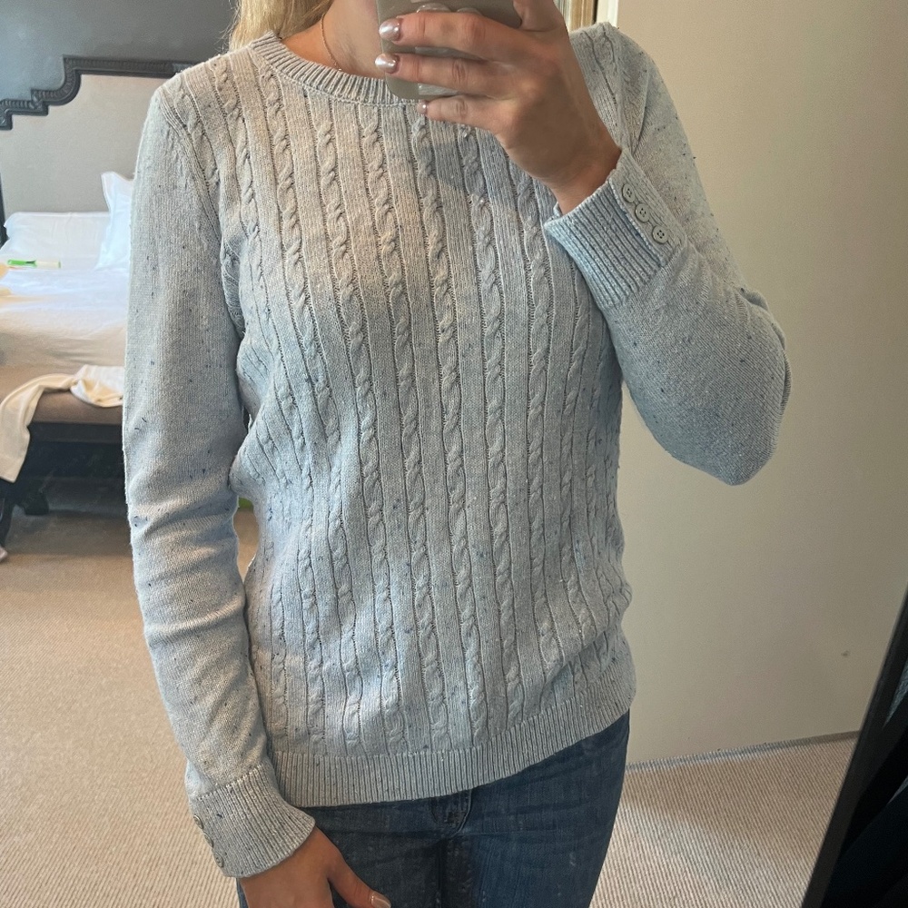 Talbots Cable Knit Crew Neck Sweater Button Detail on Sleeves Light Blue Medium